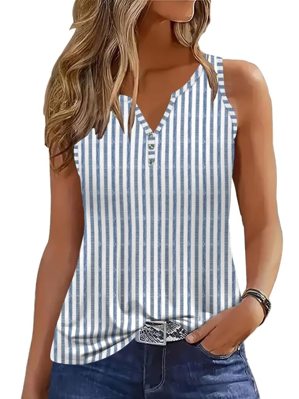 Sleeveless Button-Down Tank Top V-Neck